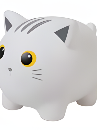 sparbössa katt barn - grå kattformad sparbössa i trekvartsvy med gula ögon