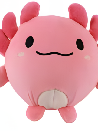 rosa rund squishy-boll axolotl mjukdjur med svart broderat ansikte, leende och flera små utskott som liknar gälar och ben