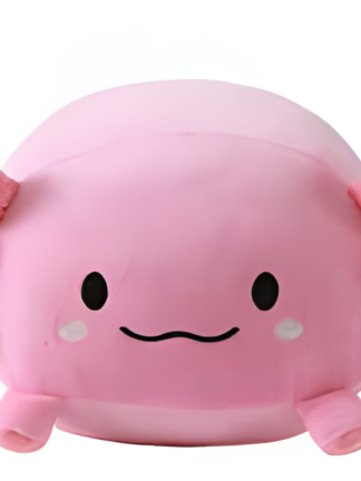 rosa axolotl gosedjur i form av squishy-kudde med svart tecknat ansikte och rosafärgade gälar