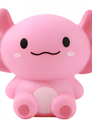 sittande rosa mjuk klämleksak axolotl med svartmålade ögon, leende och vit magplatta