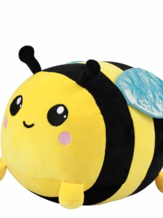 squishy kudde bi i gul och svart randig design med blå vingar och glatt ansikte