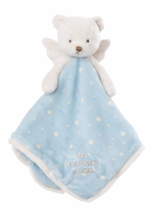 bukowski snuttefilt i ljusblått med vit nalle och stjärnmönster, broderad text 'my guardian angel'.
