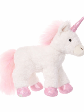 vit enhörning gosedjur med rosa man, rosa svans, glittrigt horn och rosa hovar