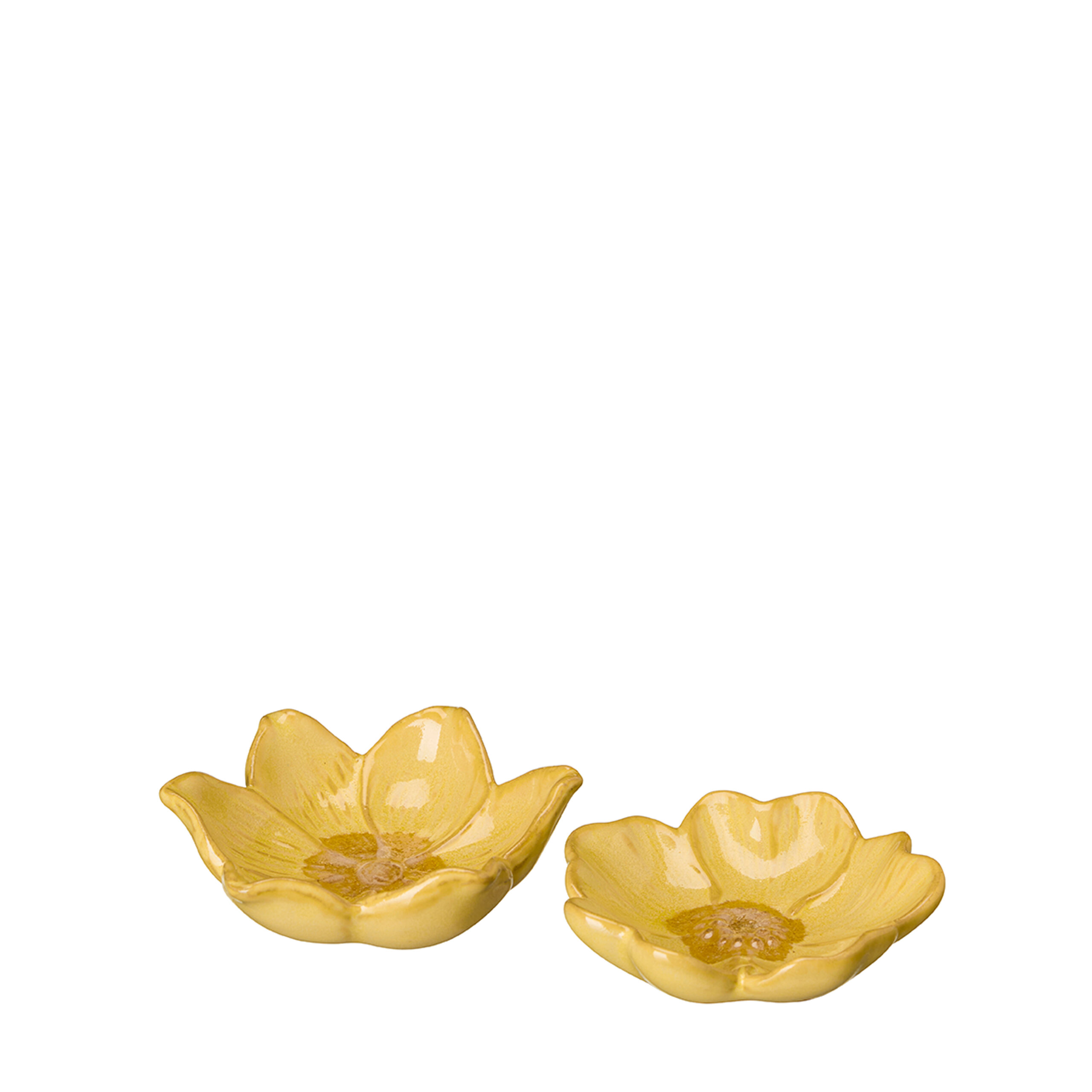 två blommfat gul, formade som blommor, på vit bakgrund