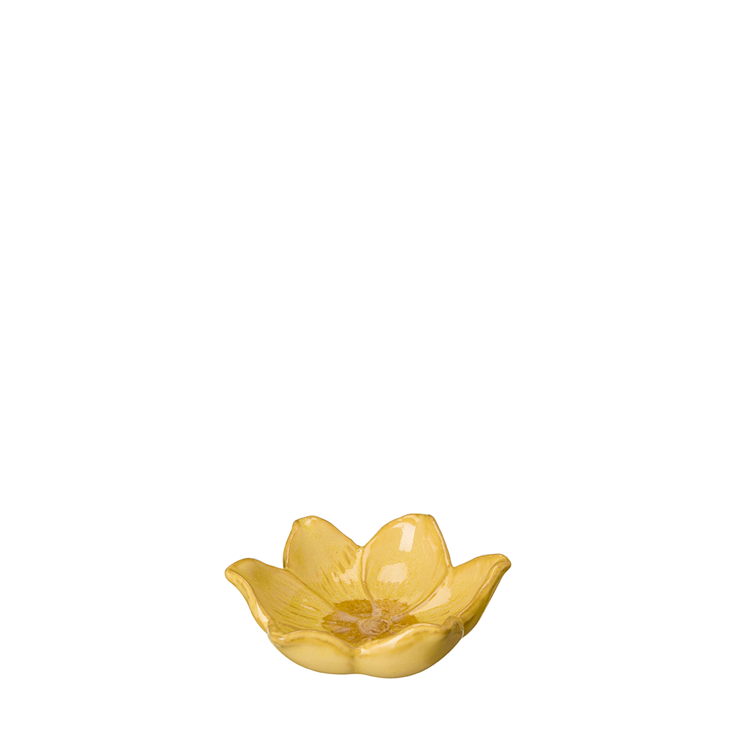 litet blommfat gul format som en blomma med sex vågiga kronblad och blank yta