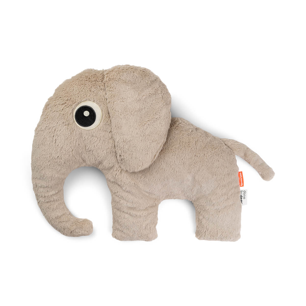 gosedjur elefant beige elphee liggande på vit bakgrund med runt öga och hängande öron