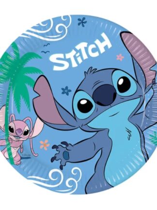 stitch ballong 46 cm – rund blå ballong med stor stitch-illustration, texten 'stitch', palmträd och dekorativa vågor