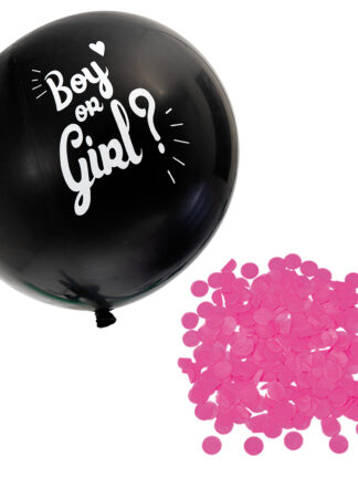 svart gender reveal ballong med vit text 'boy or girl?' och hög med runda rosa konfettibitar
