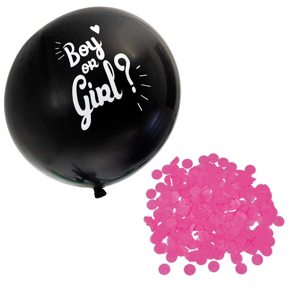svart gender reveal ballong med vit text 'boy or girl?' och hög med runda rosa konfettibitar