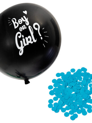 svart gender reveal ballong med vit text 'boy or girl?' och blå konfetti bredvid