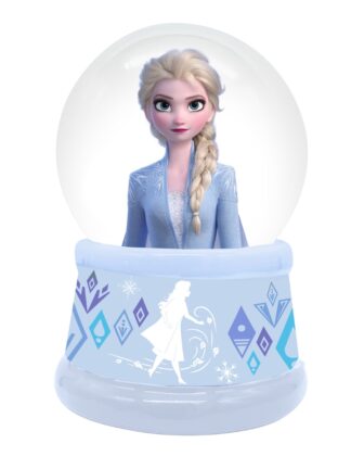 elsa snöglob med figur av elsa i blå klänning i en genomskinlig glob och ljusblå bas med snöflingemönster