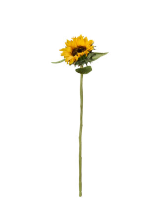 konstgjord solros 70 cm med gul blomma, mörk mitt och lång grön stam på vit bakgrund