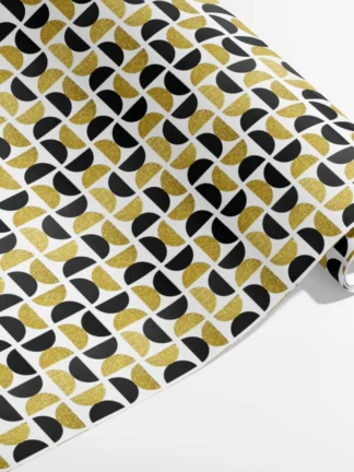 presentpapper eco friendly glitter guld och svart halva cirklar på vit 70x200cm