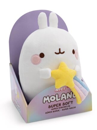 mjukdjur kanin molang vit gosedjur som håller en gul stjärna med regnbågssvans i pastellförpackning