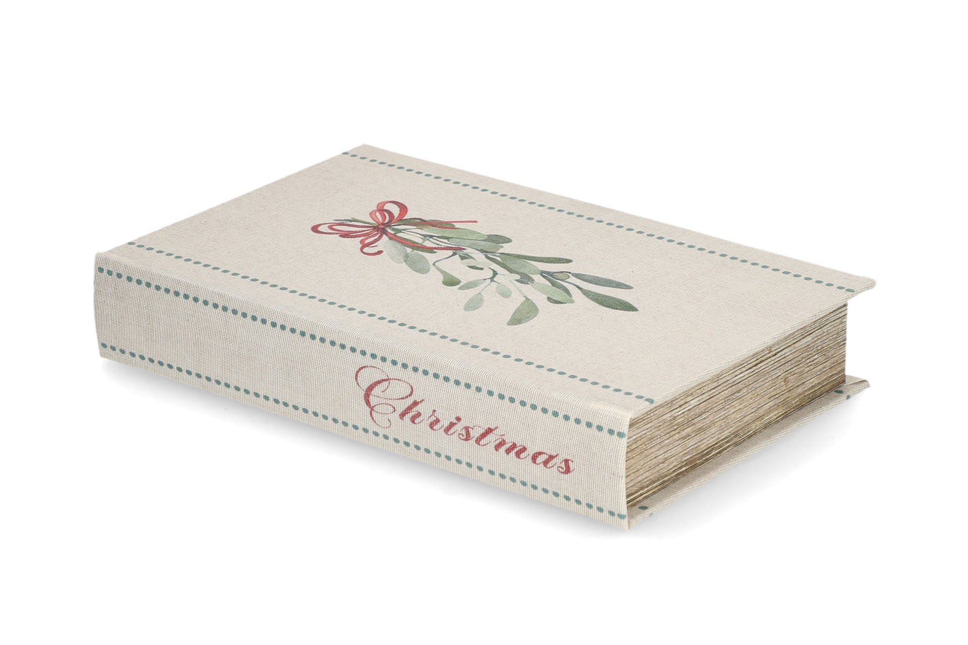 boklåda mistel liggande, dekorativ boklåda med mistelkvist och rött band på beige omslag och texten 'christmas'