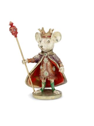 muskung figur med krona och spira i kunglig mantel i rött och guld, stående på rund fot
