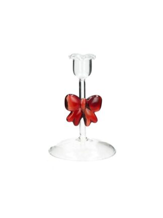 ljusstake rosett glas med genomskinlig fot, tunt skaft och röd rosett monterad på skaftet