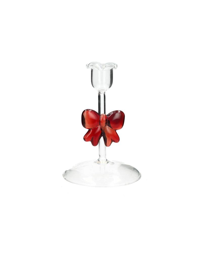 ljusstake rosett glas med genomskinlig fot, tunt skaft och röd rosett monterad på skaftet