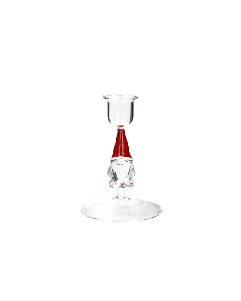 tomte ljusstake glas med röd mössa och transparent ljushållare fotograferad mot vit bakgrund
