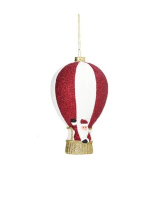 julkula tomte luftballong i rött och vitt med glittrande tomte i korgen och guldfärgad upphängning