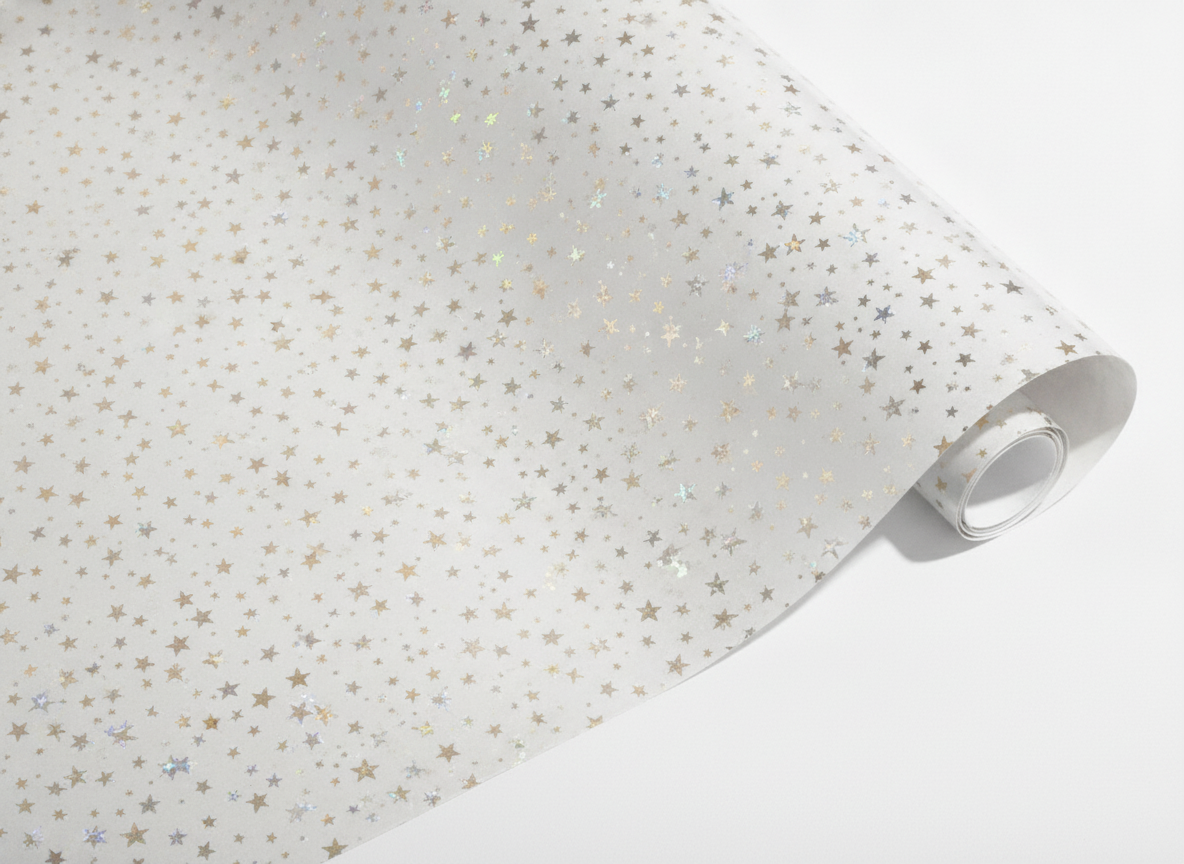 presentpapper eco friendlyfriendly stjärnor i guld på beige 70x200cm