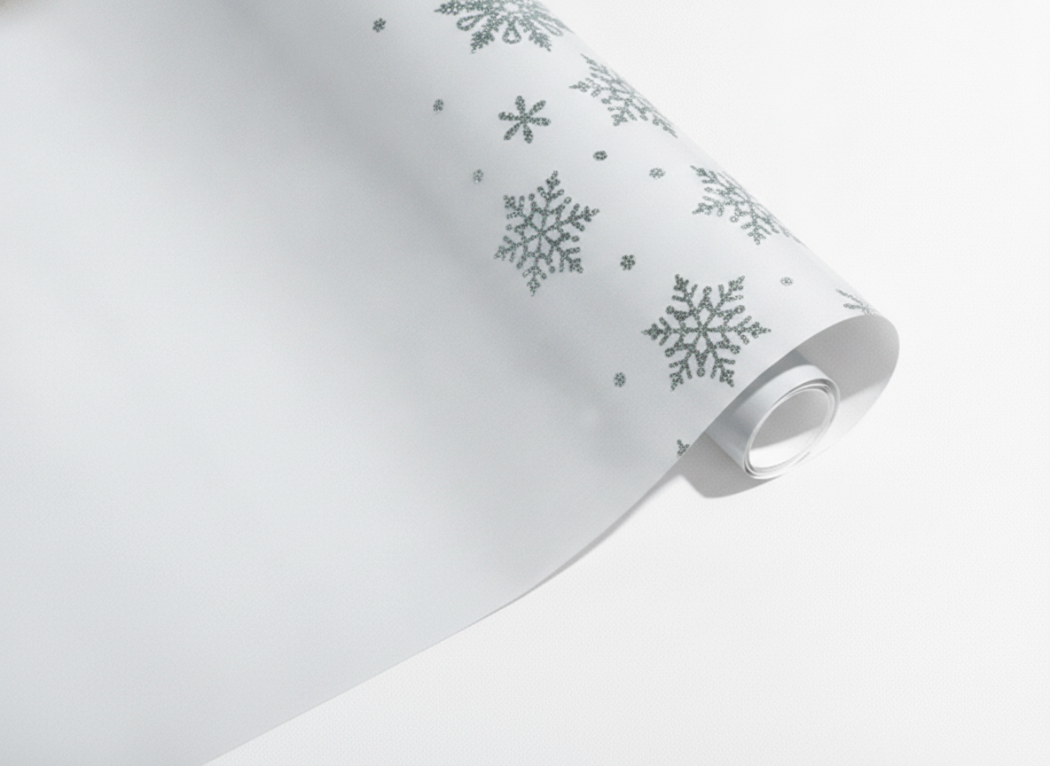presentpapper silvereco friendly glitter snowflakes on white 70x200cm