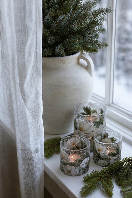 winter blossom lykta med vintrigt blommotiv på fönsterbräda bland grangrenar