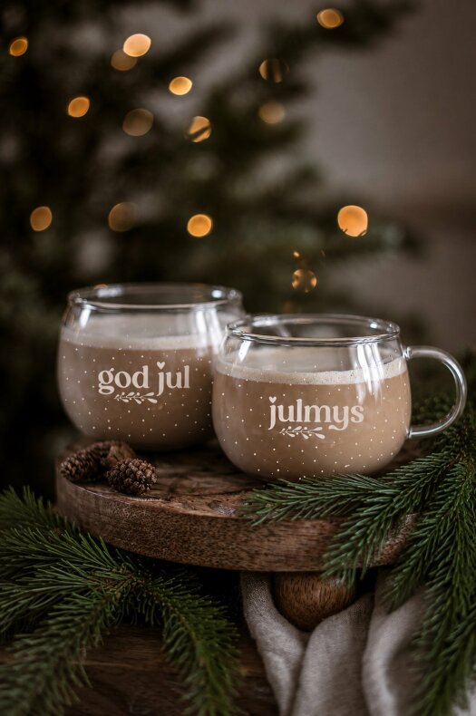 glasmugg god jul i klart glas med vit text 'god jul', två muggar med varm beige dryck på ett träfat omgivna av granris, kottar och mjuk julbelysning i bakgrunden