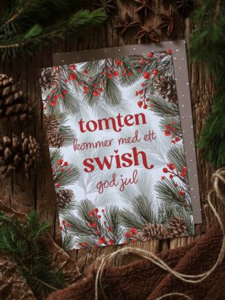 majas julkort tomten kommer med ett swish 13x18cm