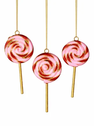 tre hängande julkulor i form av klubbor i rött och rosa med guldfärgade stänger - julkula klubba