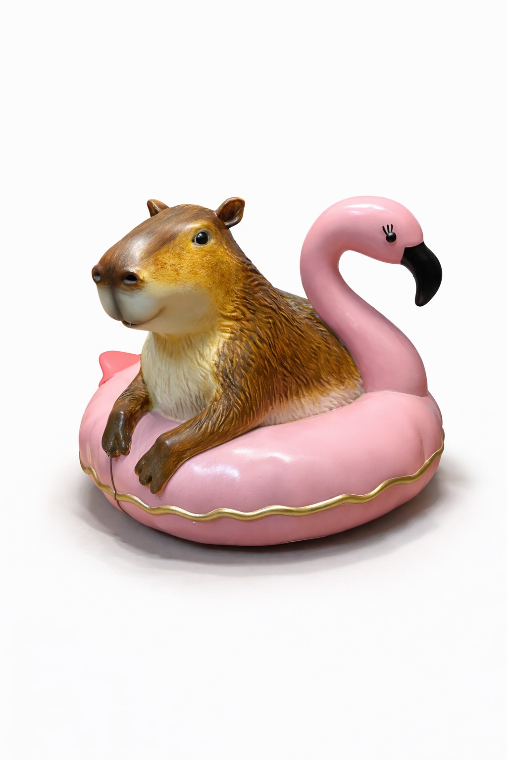 capybara figur sittande i rosa flytande flamingo-ring mot vit bakgrund