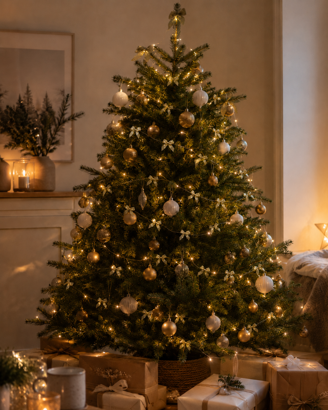 julgran dekorerad med varmvita slingor och små guldrosetter, en led ljusslinga rosett virad runt grenarna och kompletterad med gyllene kulor.