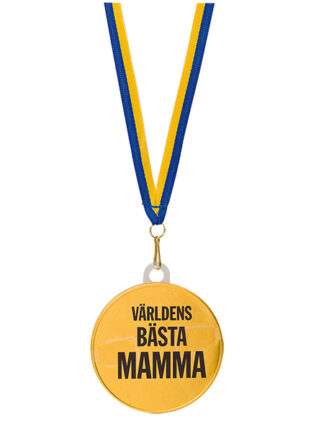 chokladmedalj mamma med texten 'världens bästa mamma' på en gul medalj som hänger i ett blått och gult band