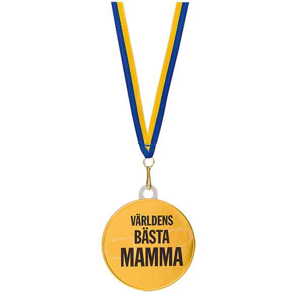chokladmedalj mamma med texten 'världens bästa mamma' på en gul medalj som hänger i ett blått och gult band