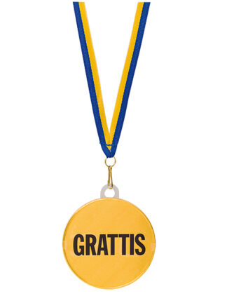 gul chokladmedalj grattis med svart text 'grattis' hängande i blått och gult band