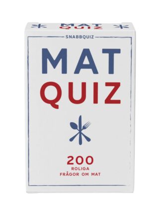 matquiz spel: vit spelkartong med texten "mat quiz", bestickssymbol och texten "200 roliga frågor om mat"