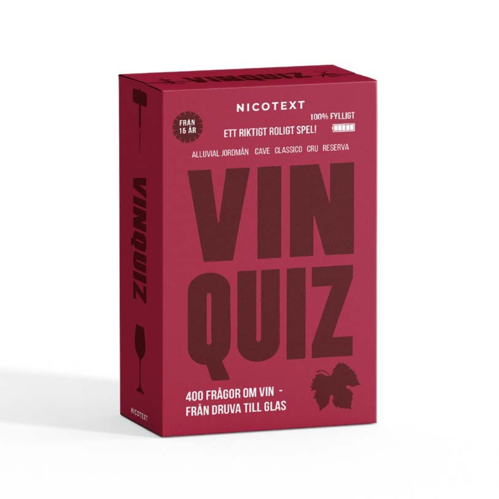 röd spelask med texten 'vin quiz' på framsidan, vin quiz spel med 400 frågor om vin.