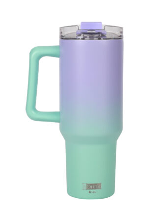 tumbler 1200 ml i lila och grön med handtag och genomskinligt lock, gradient färg från lila till mintgrön