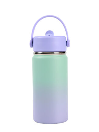 lila och grön gradient termoflaska 400 ml med bärhandtag och skruvlock på vit bakgrund