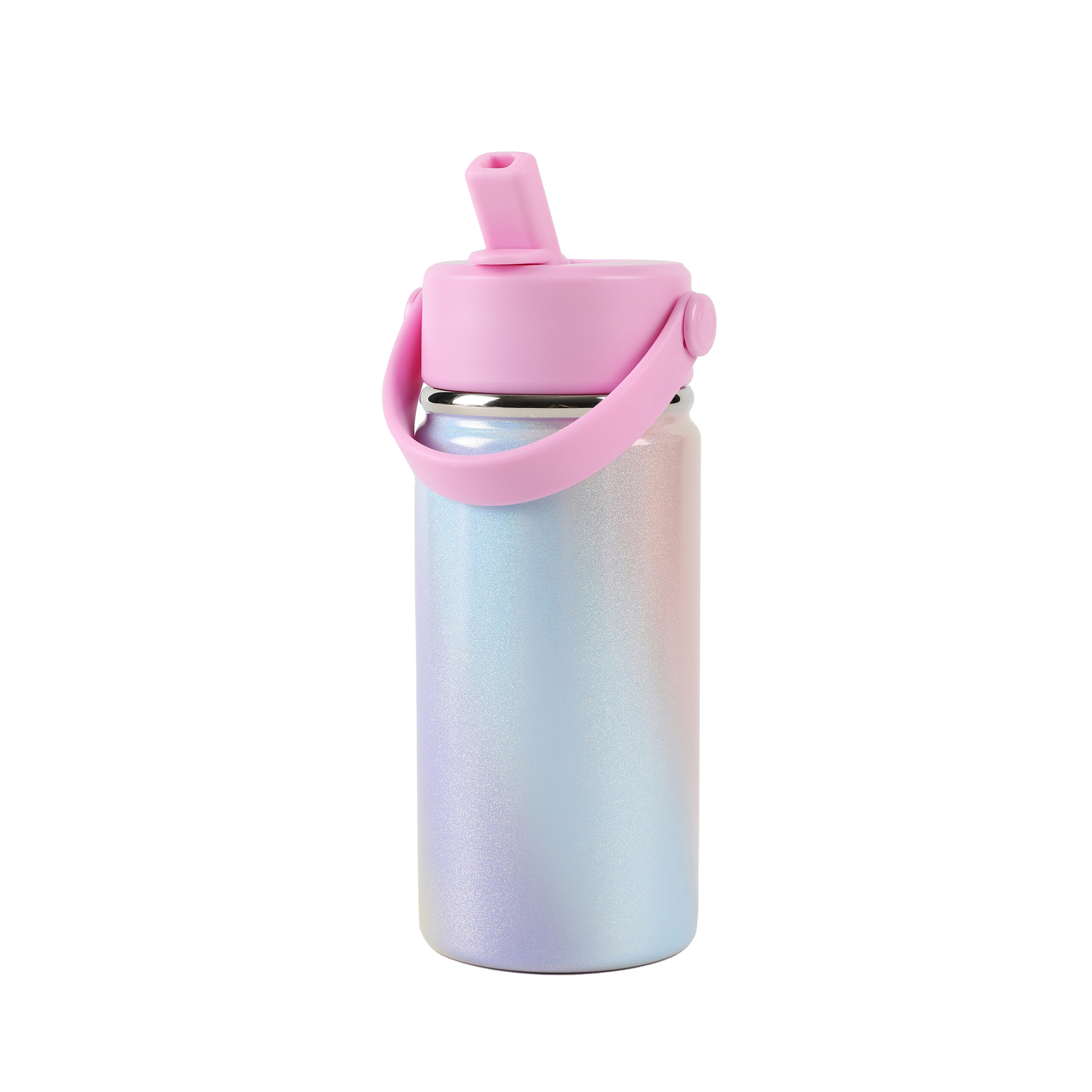 termoflaska 400 ml regnbågsfärgad med skimrande yta, rosa piplock och fällbart handtag på vit bakgrund