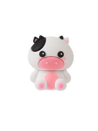 suddgummi ko i form av en sittande vit och rosa ko med svart fläck, rund rosa nos och stora svarta ögon