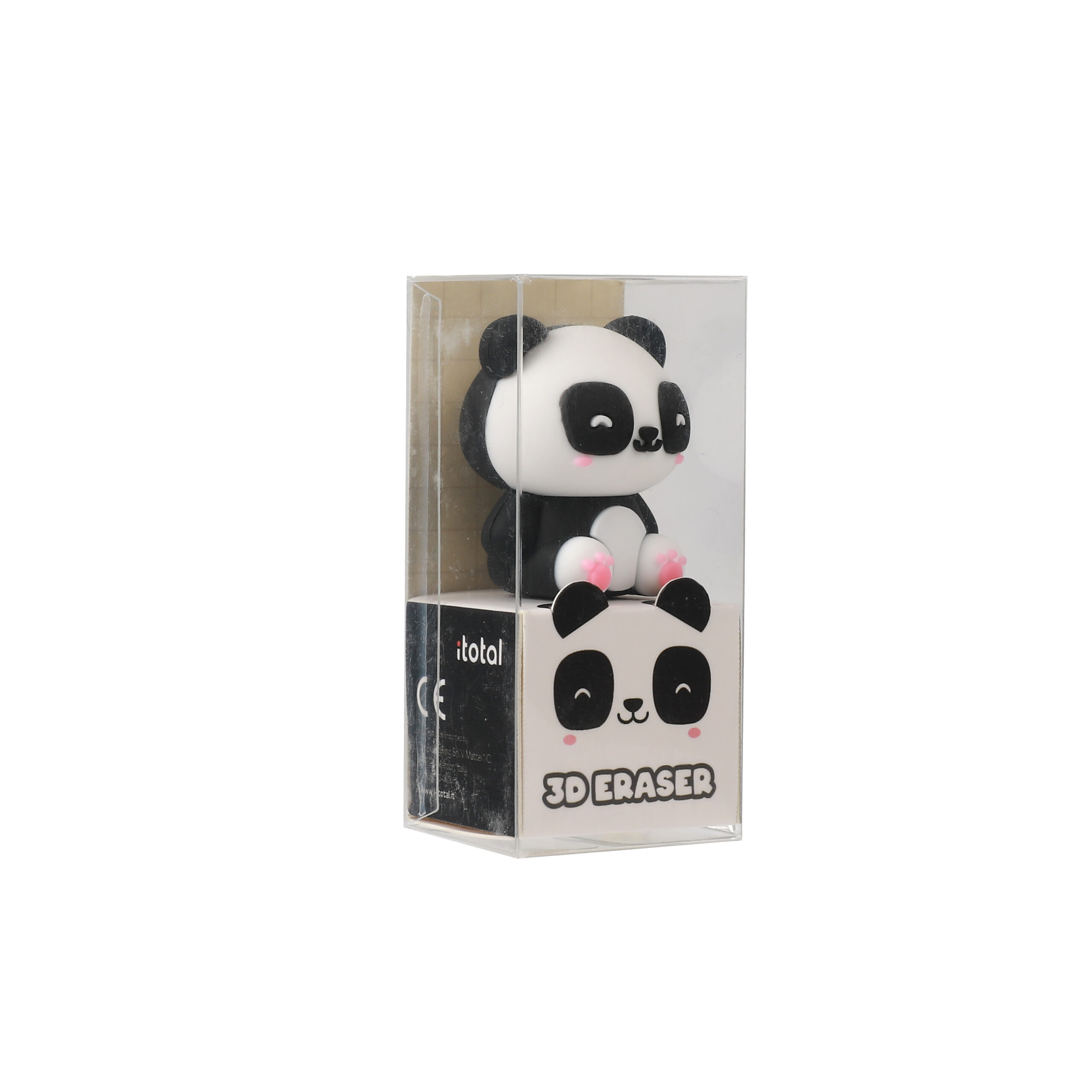 svartvitt panda suddgummi i form av en sittande panda i genomskinlig plastförpackning