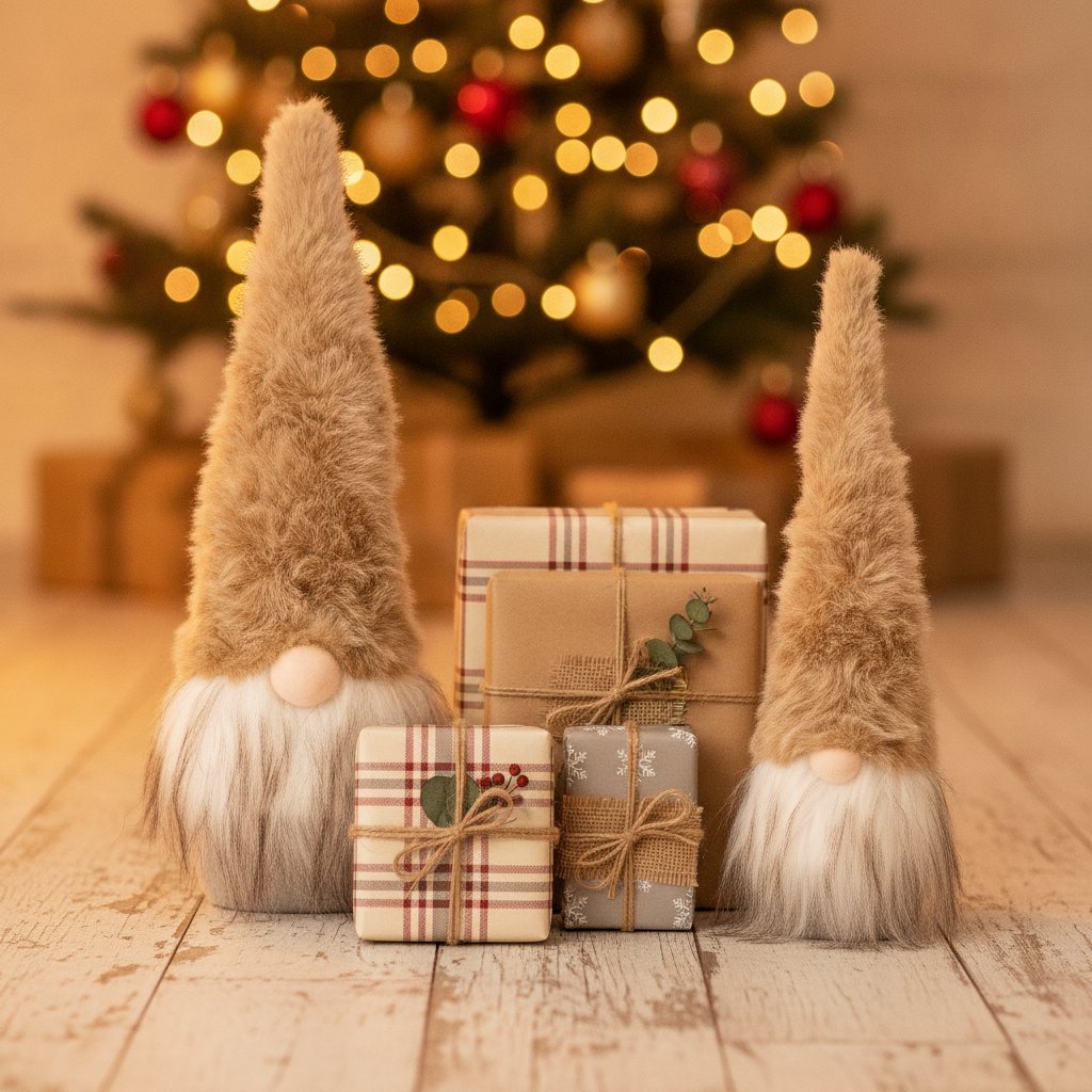 brun tomte med hög spetsig mössa och långt vitt skägg framför julklappar och julgran