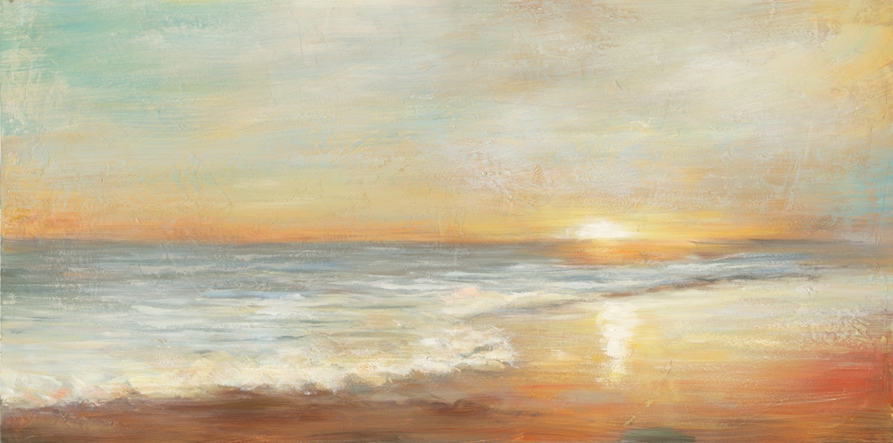 solnedgång vid havet — handmålad akryl på duk, 70×140 cm