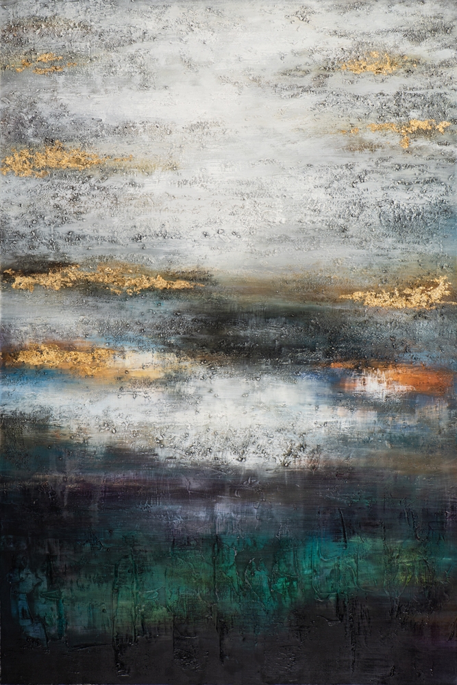 gråmelerad grön abstrakt färgkomposition — handmålad akryl på duk, 100×150 cm