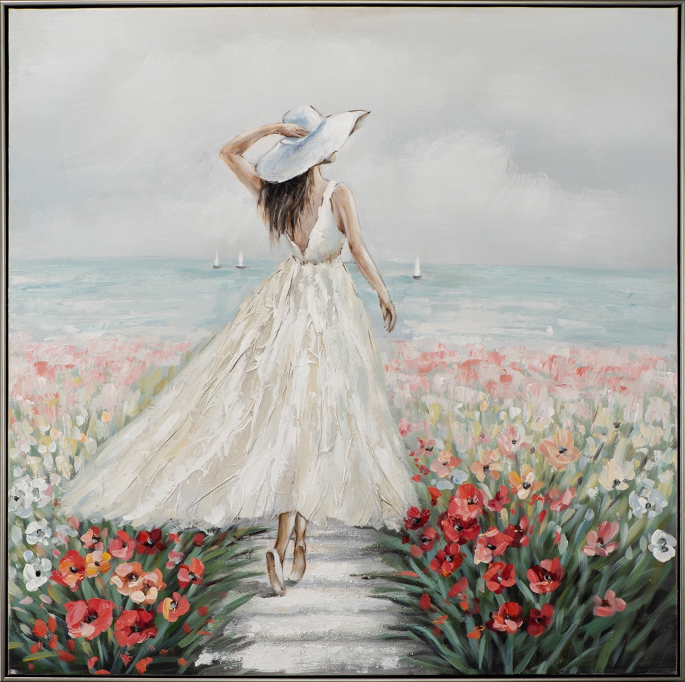 kvinna i blomsterhav och vit klänning — handmålad akryl på duk, 102,5×102,5 cm
