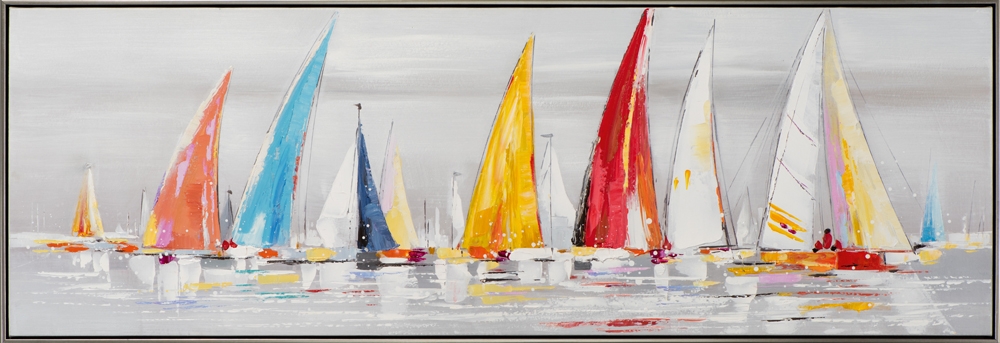 färgglada segelbåtar — handmålad akryl på duk, 52,5×152,5 cm