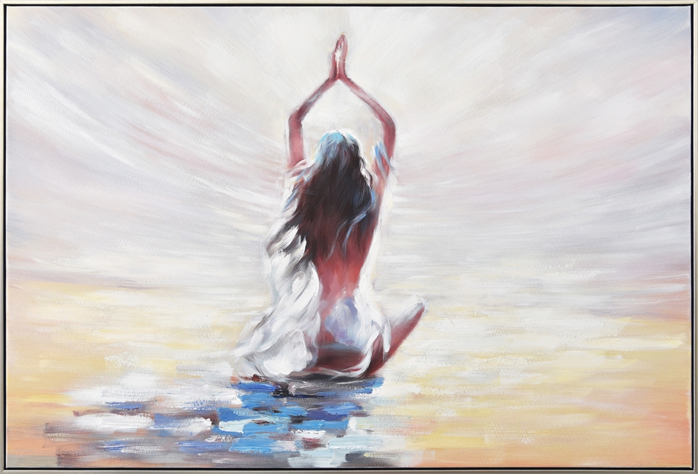 yoga på stranden — handmålad akryl på duk, 82,5×122,5 cm