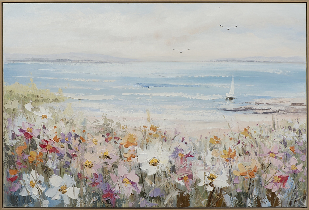 sommar vid havet — handmålad akryl på duk, 82,5×122,5 cm