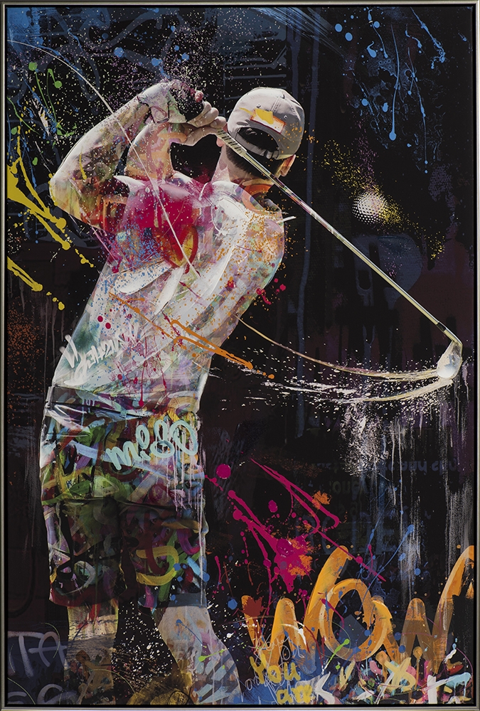 golf i street art — handmålad akryl på duk, 82,5×122,5 cm